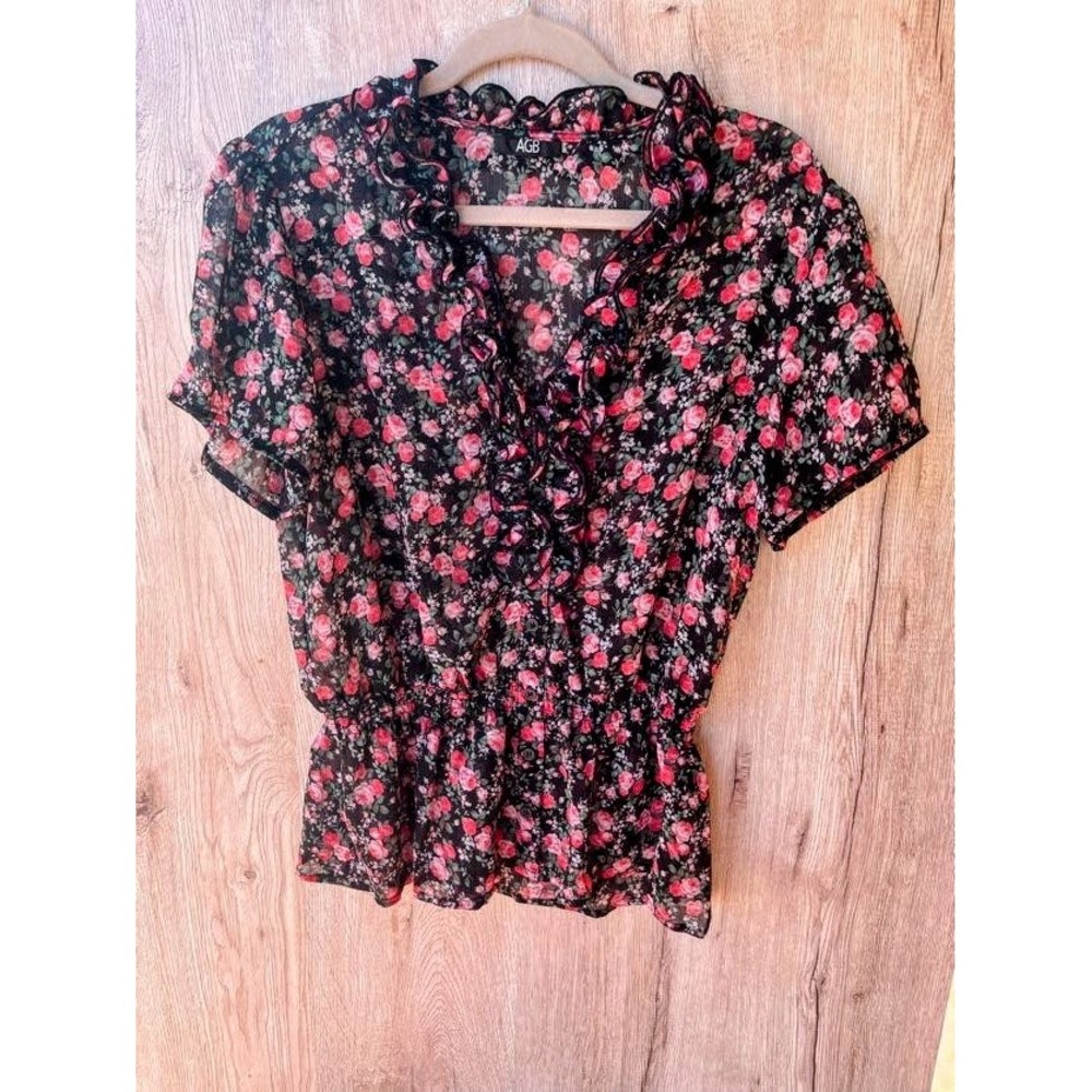AGB Floral Ruffle Blouse Pink Red Rose Smocked Waist Chiffon Top PM Vintage Boho